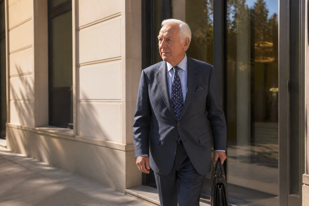 Senior sortant d'une banque proposant le prêt viager hypothécaire