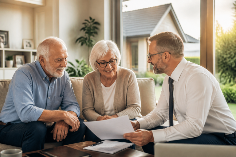 Couple de seniors étudiant un prêt hypothécaire senior adossé à leur bien immobilier