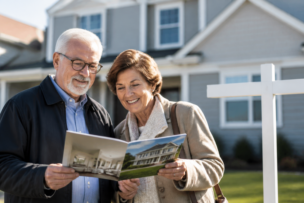 Couple de seniors préparant un prêt relais pour acheter avant de vendre leur maison